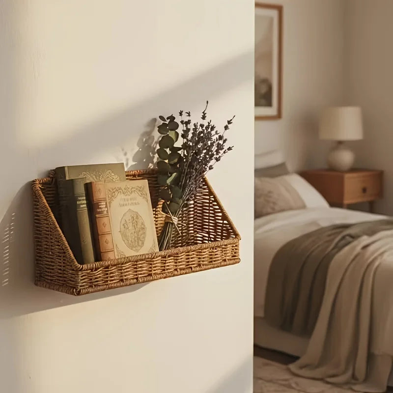 Rustic Wall-Mounted Woven Rattan Basket with Hooks for Bathroom Kitchen Bedroom