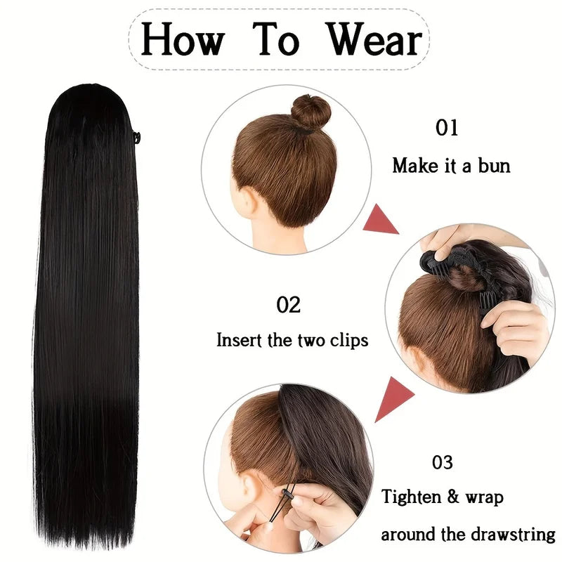 Long Straight Ponytail Hair Extension Synthetic Drawstring Heat-Resistant for Women