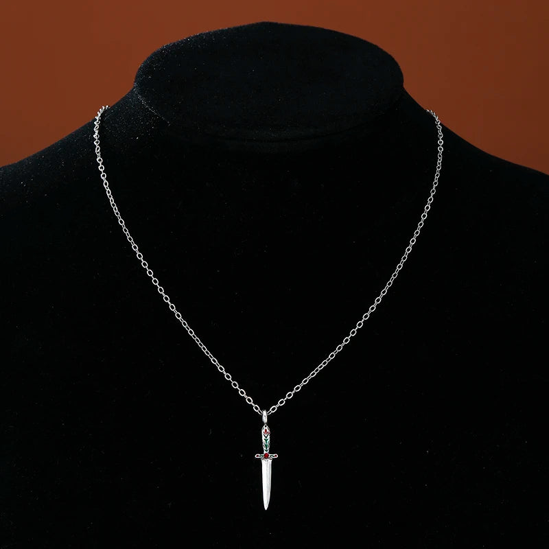 Vintage Silver Sword Pendant Necklace for Women Enamel Flower Dagger Jewelry