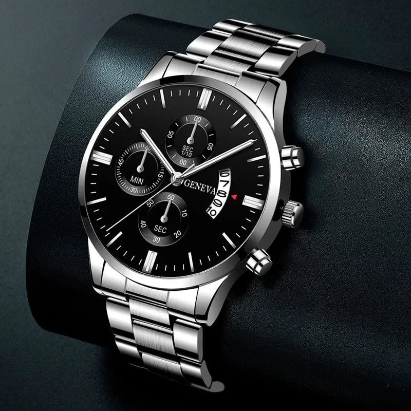Men's Luxury Silver Stainless Steel Quartz Watch with Calendar