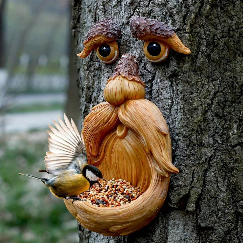 Outdoor Tree Face Bird Feeder with Glowing Eyes Yard Garden Decor - Old Man Tree Sculpture