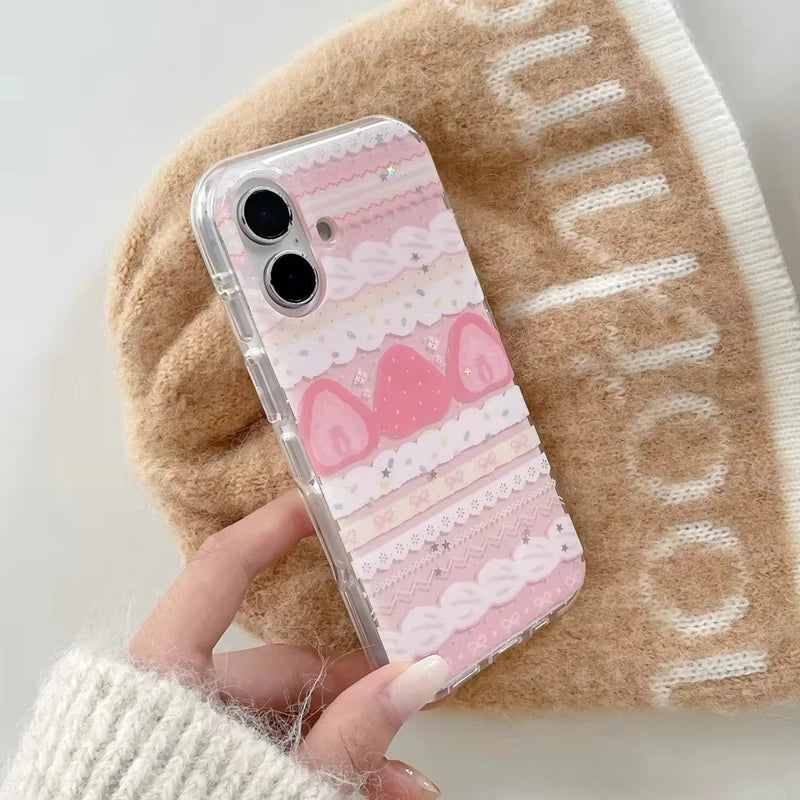 Cream Strawberry Cake Lace Bowknot Phone Case for iPhone - Shockproof Silicone Cover