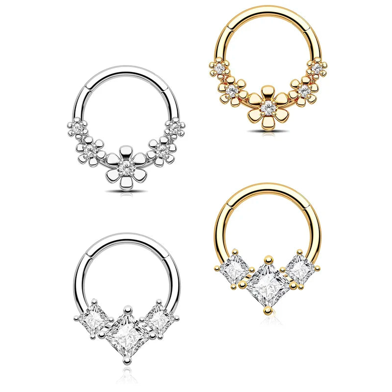 Cubic Zirconia Flower Nose Ring - Hinged Segment Septum Clicker Jewelry