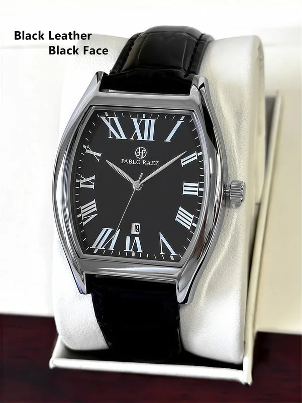 Luxury Quartz Watch for Men Waterproof Leather Wristwatch with Barrel Shape and Date Function