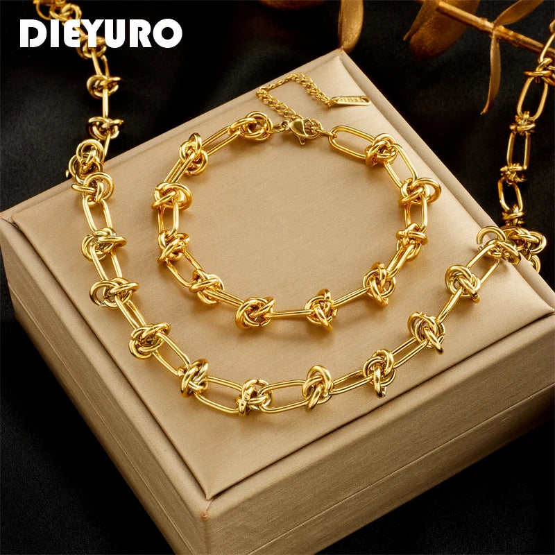 Unisex Twist Knot Necklace and Bracelet Set - Gold Silver Tone Jewelry