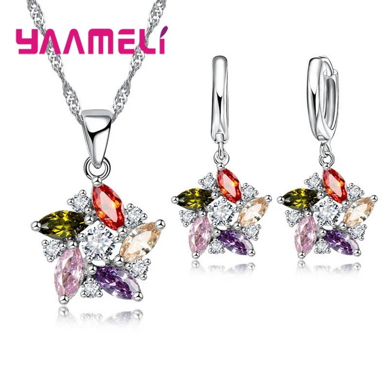 Colorful Sterling Silver Pendant Necklace & Earrings Set with Crystal Stones - Romantic Ethnic Style Windmill Design