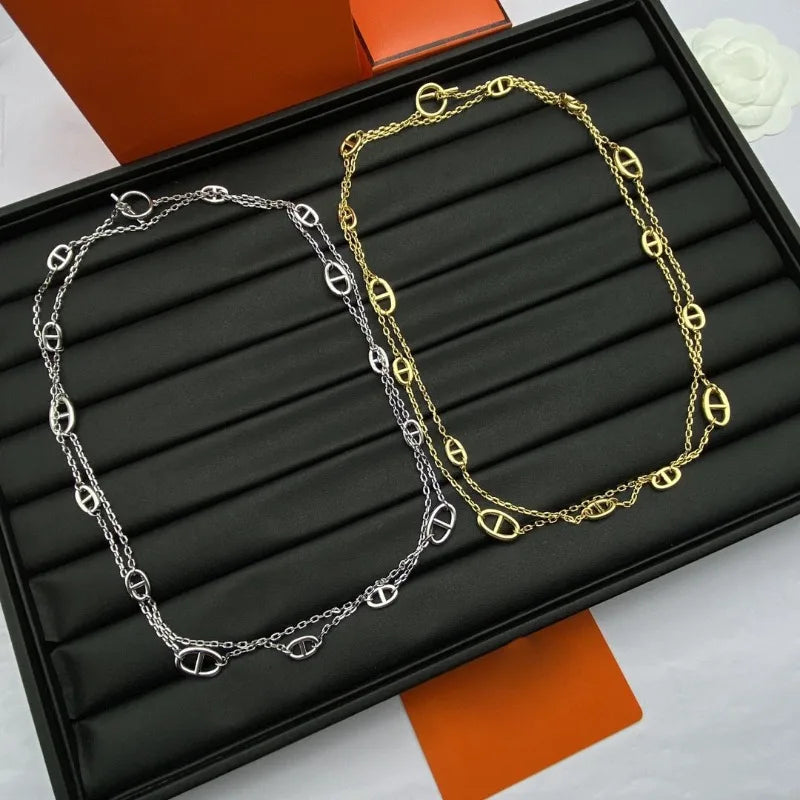 Long Layered Pig Nose Necklace for Women - Elegant Chain Jewelry