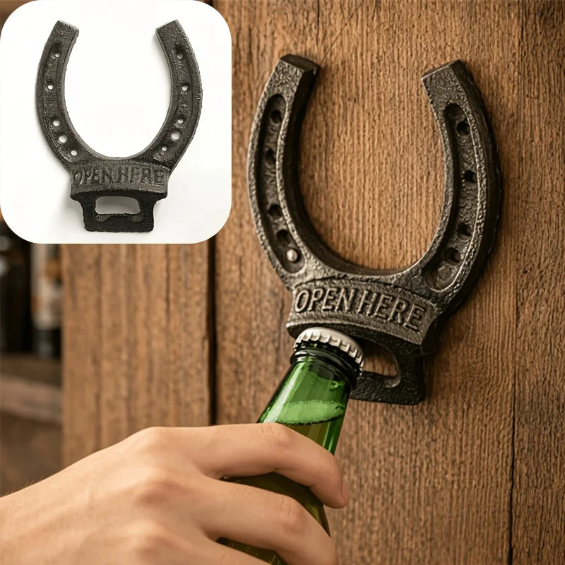 Rustic Cast Iron Horseshoe Bottle Opener Wall Mount Vintage Beer Cap Opener