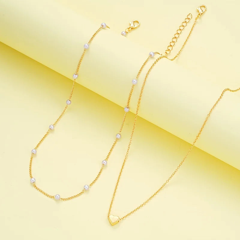 Imitation Pearl Heart Jewelry Set for Women - Gold Color Necklace & Bracelet
