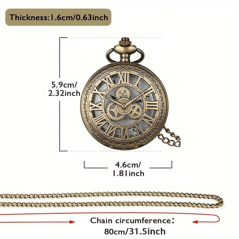 Vintage Steampunk Gear Quartz Pocket Watch with Necklace & World-Time