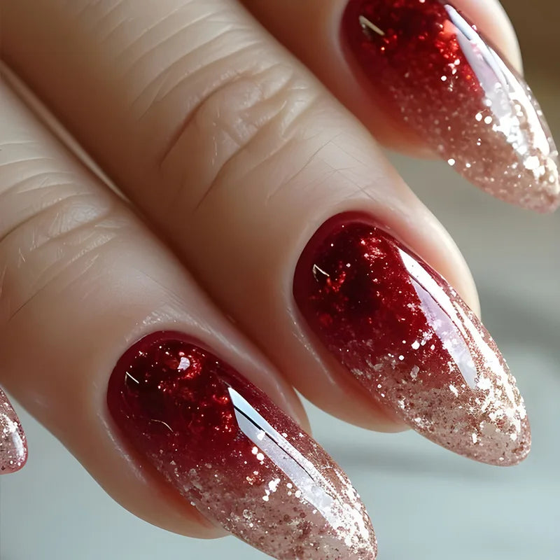 24 Pcs Short Glitter Fake Nails with Flowers and Starry Sky Design - Press On Art Tips, Multiple Colors