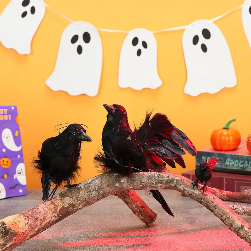 Lifelike Artificial Raven Halloween Decoration Feathered Bird Model Haunted House Decor