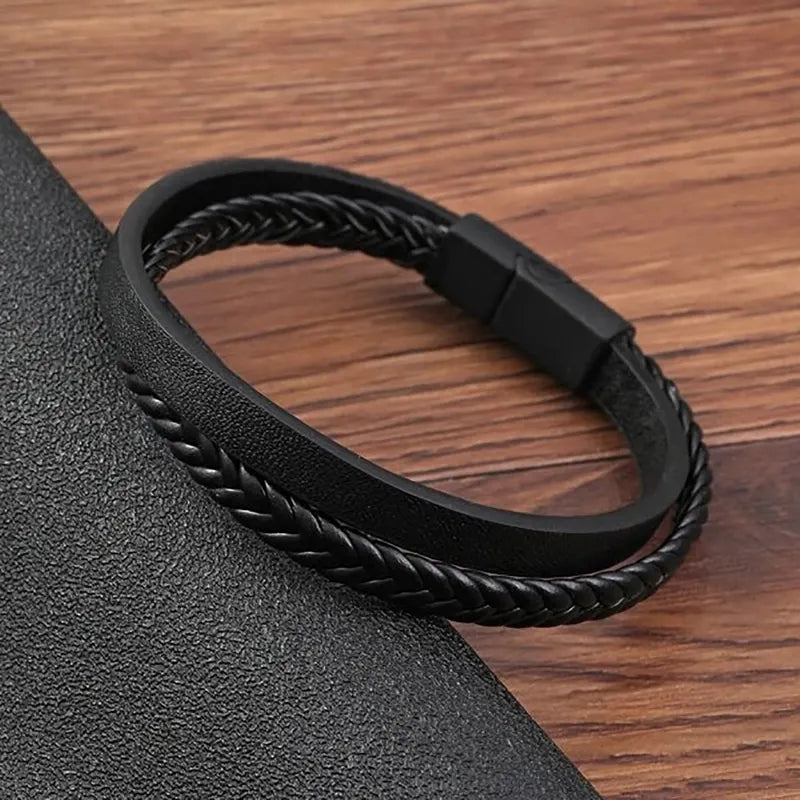 Men's Multi-Style Double Layer Magnetic Leather Bracelet - Elegant Business Gift