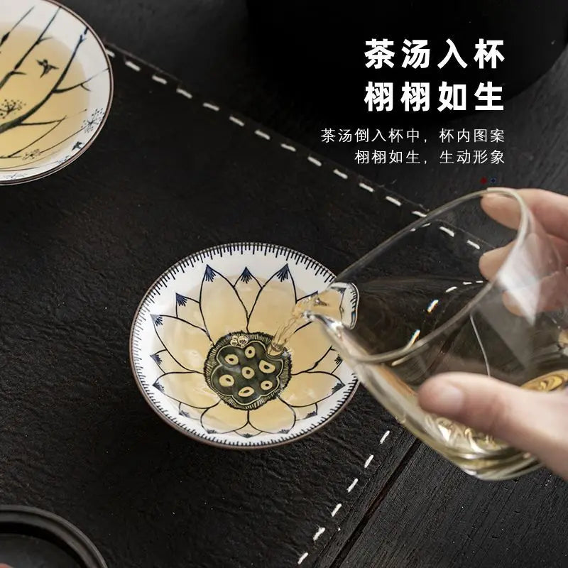 Ceramic Tea Tasting Bowls Set - Vintage Blue and White Porcelain 10 Pcs Gift Box
