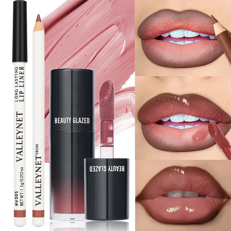 Matte Velvet Lip Liner & Lip Gloss Set with Lip Oil - Long Lasting Waterproof Lip Makeup