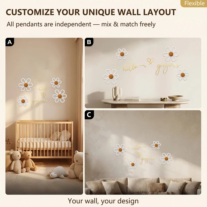 Wall Decor Set with Metal Wire Words, Heart Ornament & Woven Daisies - Boho Wall Art for Nursery & Living Room