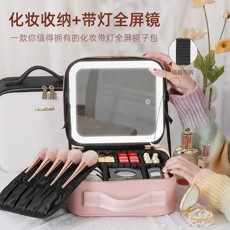 Large Capacity Makeup Bag with Full Screen Mirror Portable Travel Organizer