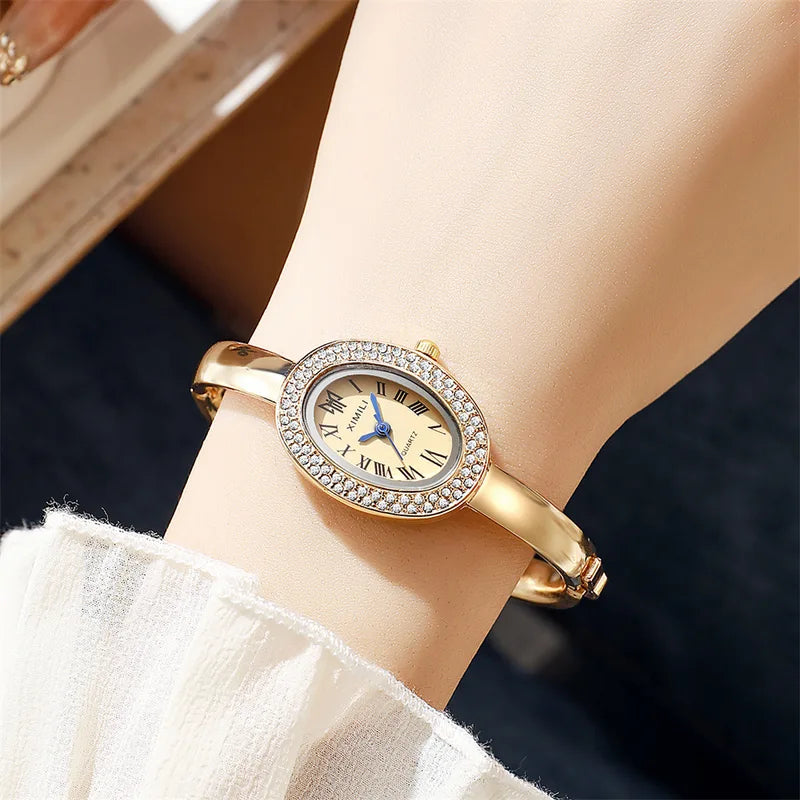 Oval Women's Diamond Quartz Watch with Alloy Strap and Roman Dial