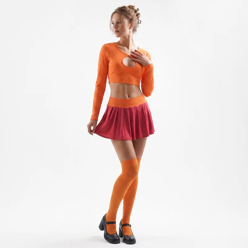 Halloween Velma Costume Set for Women - Crop Top, Pleated Skirt & Stockings, Party Outfit