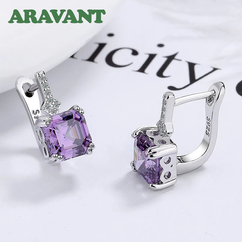 Sterling Silver Square Zircon Drop Earrings for Women Jewelry