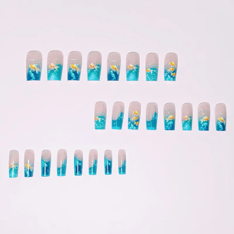 Medium Long Square Fake Nails for Women Summer Fish Design Full Cover Press-On Acrylic Nails