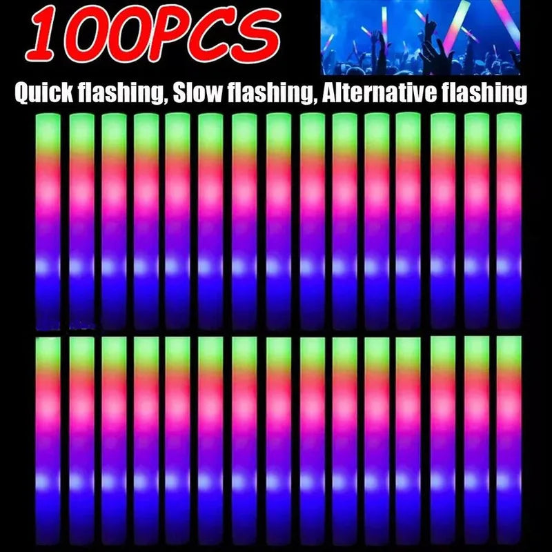 100 Pcs LED Glow Sticks Bulk Party Light-Up Foam Tubes for Events & Celebrations