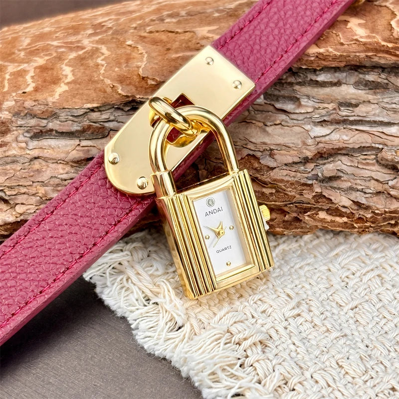 Women's Leather Watch with Edgy Padlock Dial and Soft Strap - Personalized Fashion Accessory