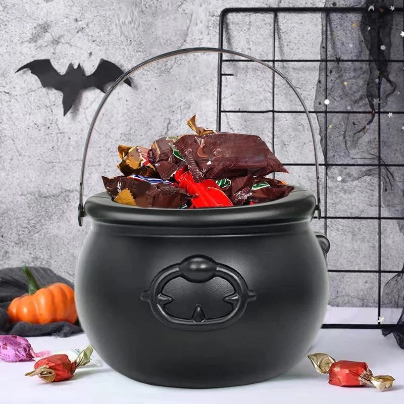 Halloween Candy Bowl Decorations Black Plastic Cauldron with Iron Rack for Parties