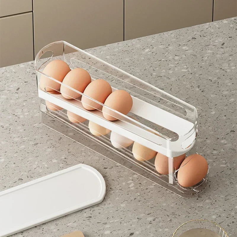 Double Layer Egg Storage Box with Automatic Rolling Dispenser Refrigerator Egg Organizer