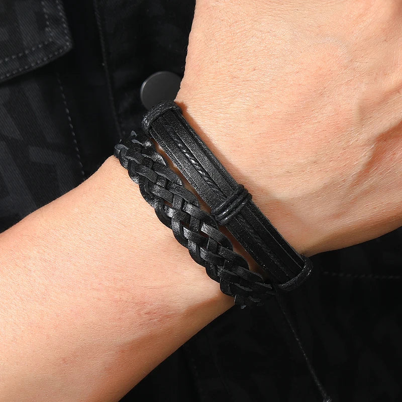 5pcs Unisex Punk Rock Leather Braid Bracelets - Adjustable & Stylish
