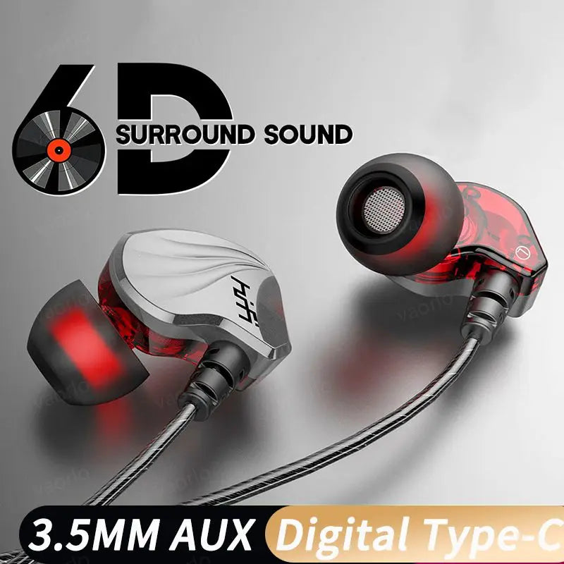 In-Ear Wired Headphones with Microphone 6D HIFI Heavy Bass for Gaming Music