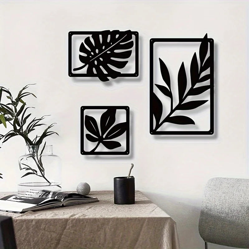 Metal Wall Art Sculpture - Black Iron Leaf Decor for Living Room & Home