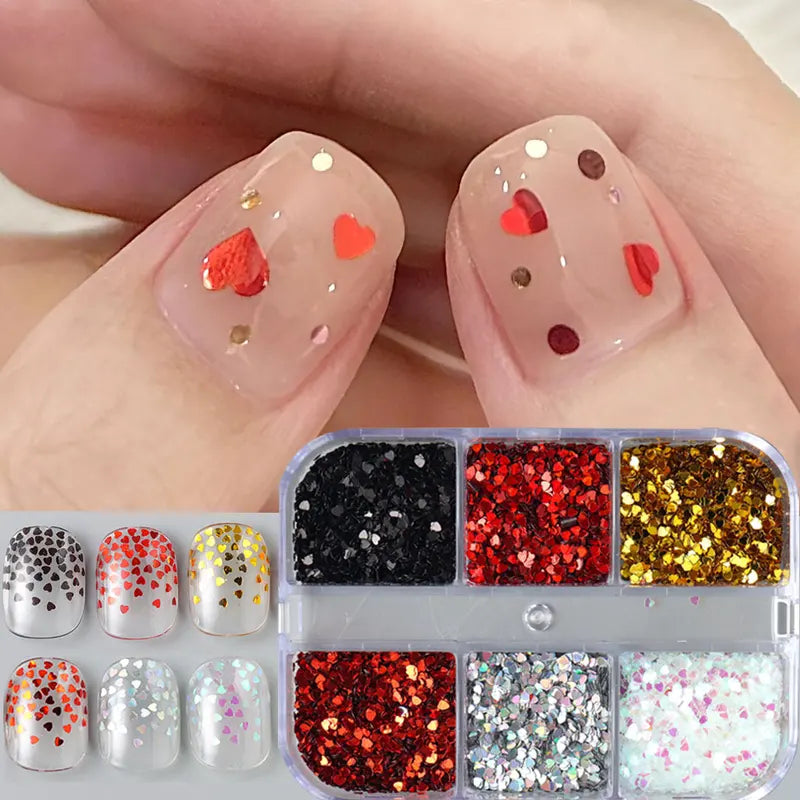Y2K Heart Glitter Nail Sequins Set - Iridescent Metallic Love for DIY Nails