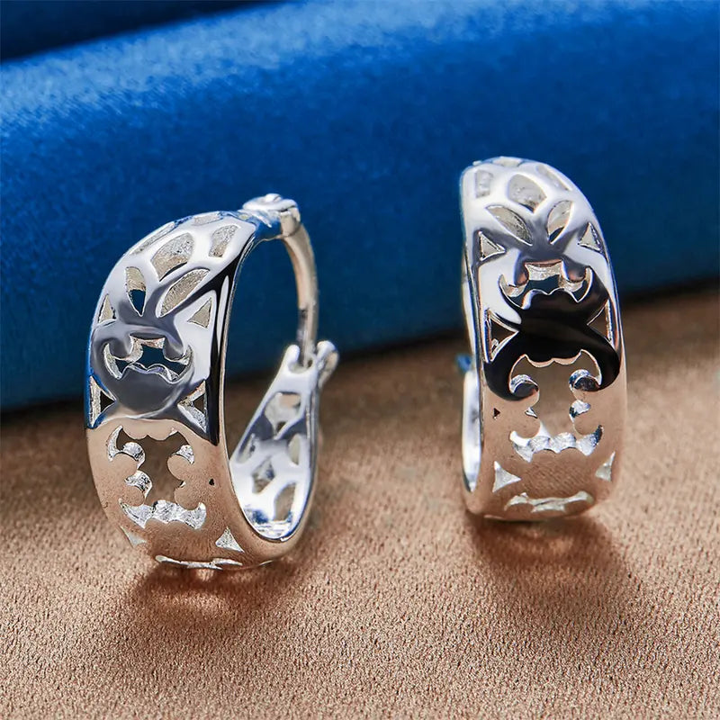 925 Sterling Silver Flower and Leaves Hollow Ear Clips for Women - Elegant Jewelry for Party & Wedding