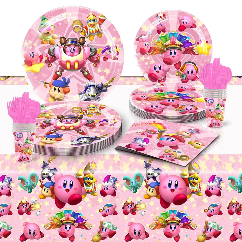 Disposable Birthday Party Cutlery and Plate Set with Banner and Balloons - Kirby Themed Celebration Supplies