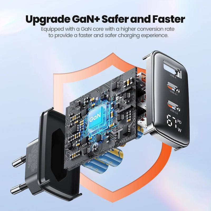 GaN Fast Charger with Digital Display 67W USB-C Power Adapter for Laptop & Mobile