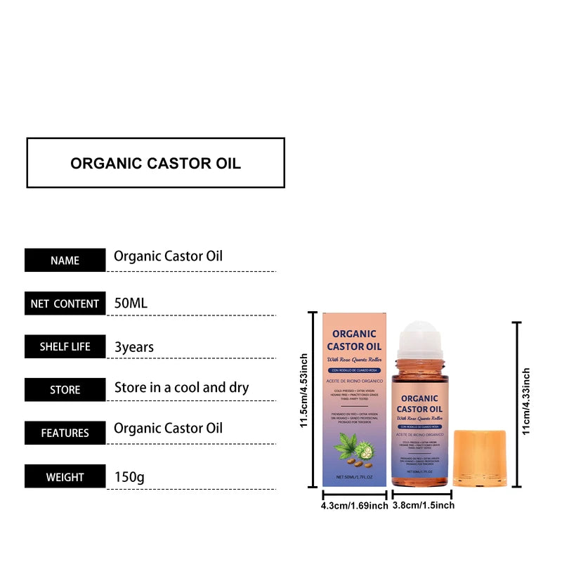 Organic Castor Oil with Rose Quartz Roller - Moisturizing Body, Face & Hair Serum 50ml