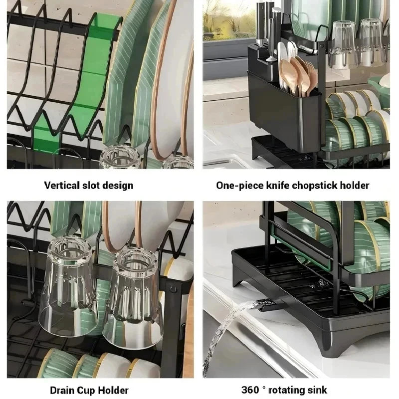 Large Capacity 2-Tier Metal Dish Rack with Drain Tray - Kitchen Organizer