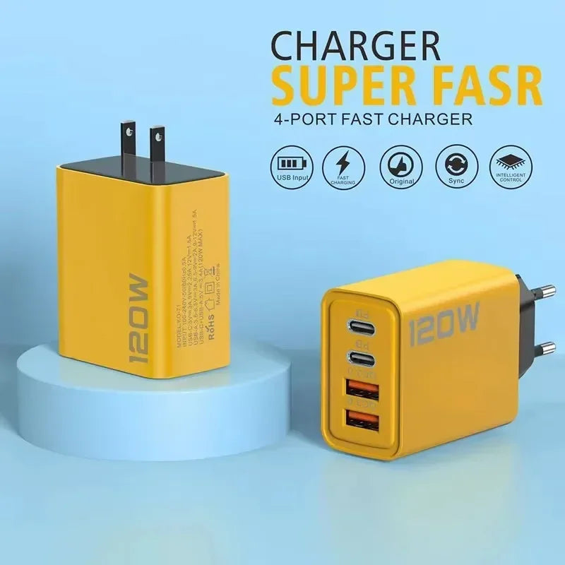 120W USB-C Fast Charger with Multiple Ports for Smartphones and Tablets