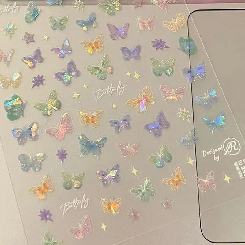 Butterfly Nail Stickers Set - Iridescent Textured Self-Adhesive Decals for DIY Manicure