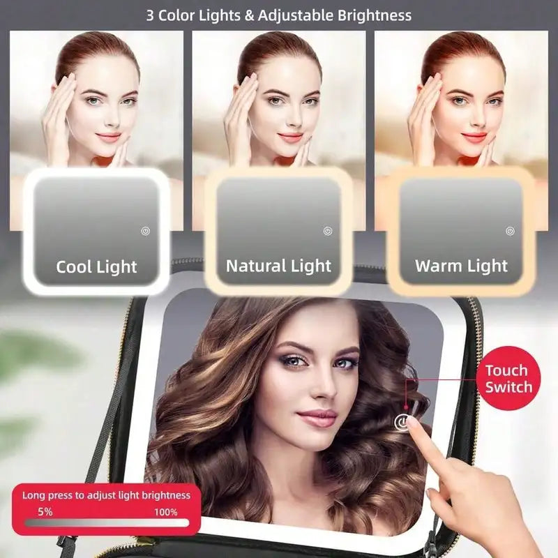 Travel Makeup Bag with LED Lighted Mirror, Large Capacity Rechargeable Cosmetic Organizer Case for Women