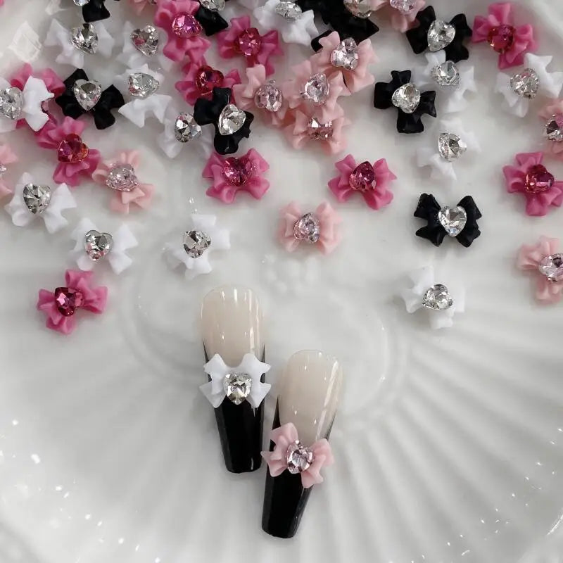 10pcs Resin Bow Nail Art Decorations with Heart Crystal Rhinestones & Pearls