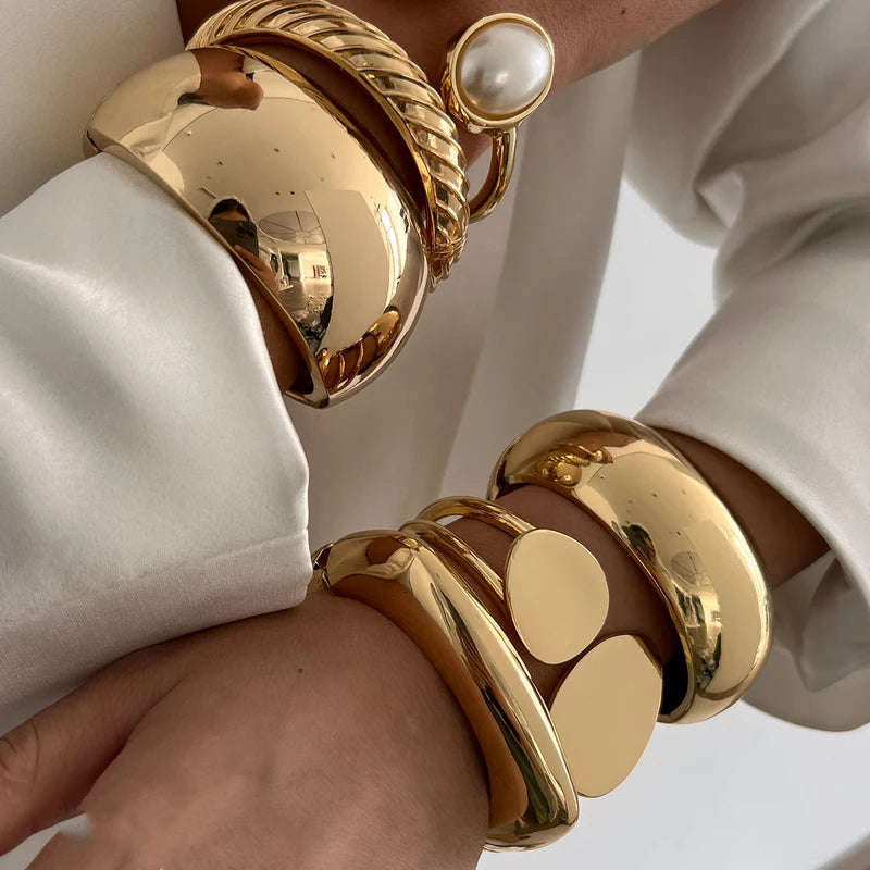 Exaggerated Punk Heavy Metal Chunky Spring Bangles - Gold & Silver Arm Cuffs for Women & Men