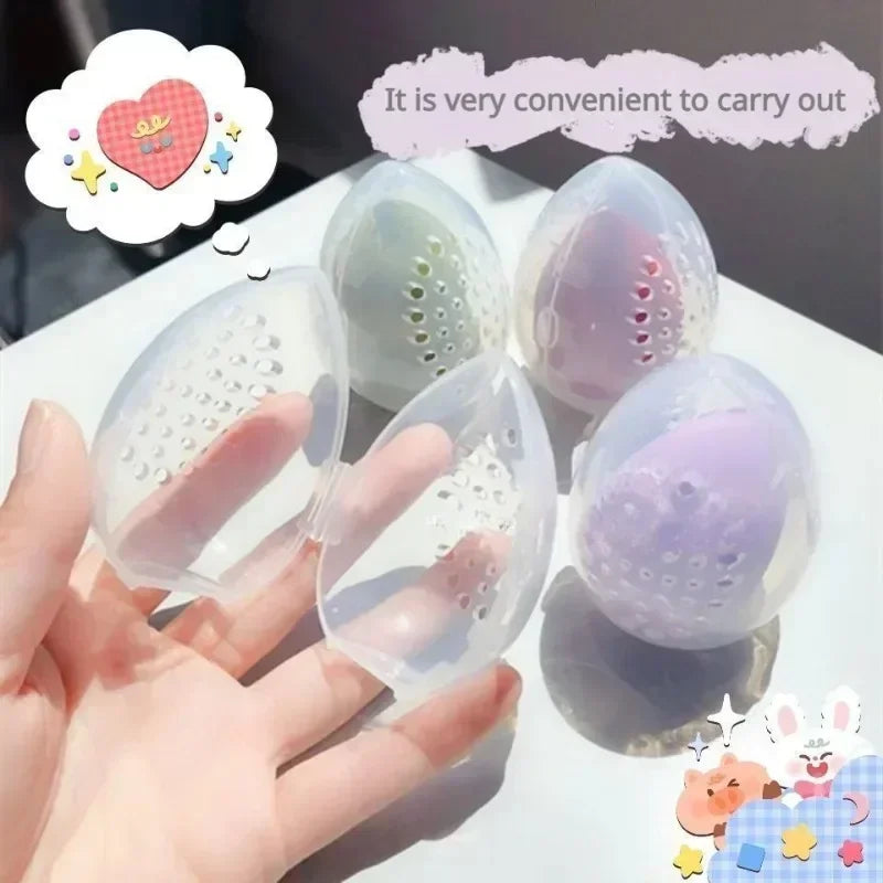 Travel Cosmetic Sponge Box Organizer Portable Egg-Shaped Plastic Case Pink White