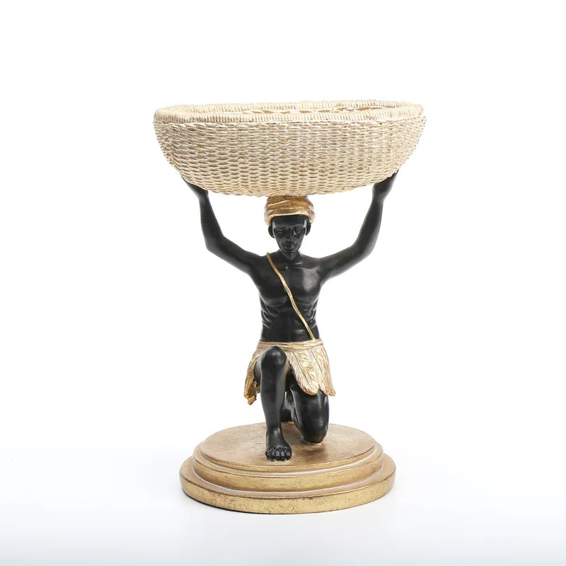African Black Resin Basket Sculpture | Tribal Woven Storage Decor for Living Room & Entryway