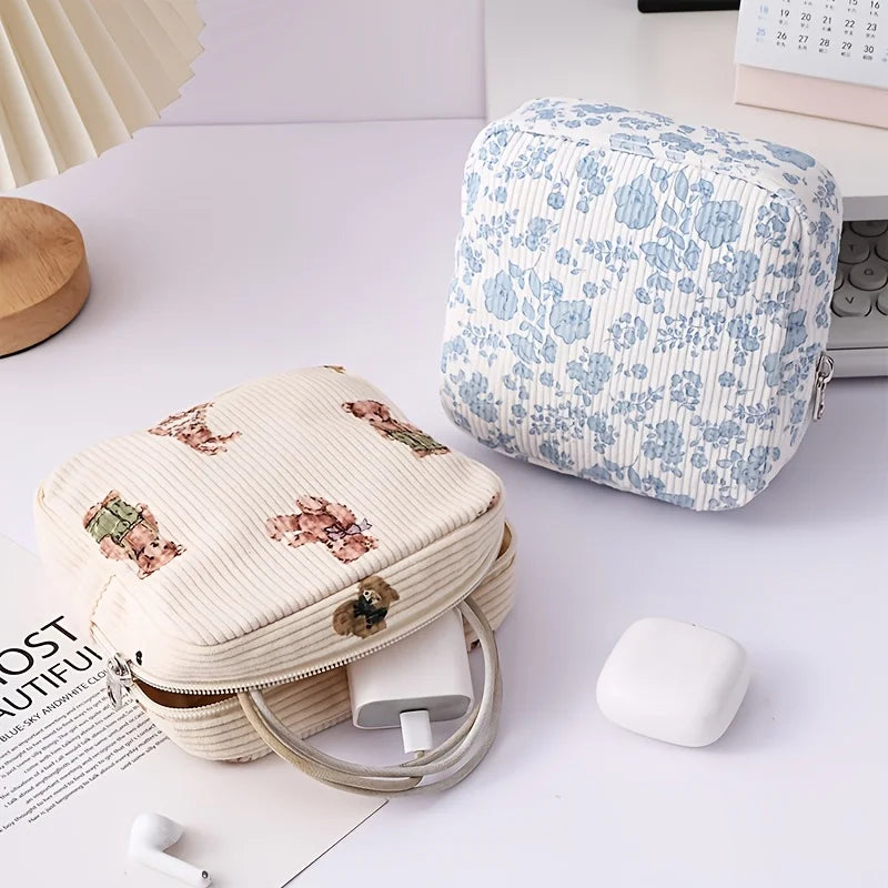 Multi-Functional Corduroy Small Square Storage Bag with Cotton Lipstick & Headphone Holder