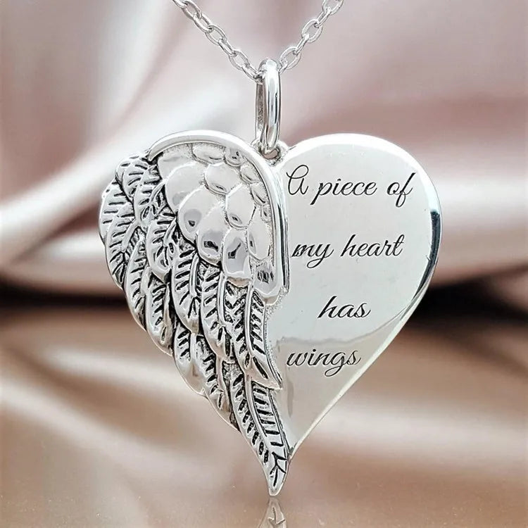 Angel Wings Pendant Necklace for Women - Engraved Heart Jewelry
