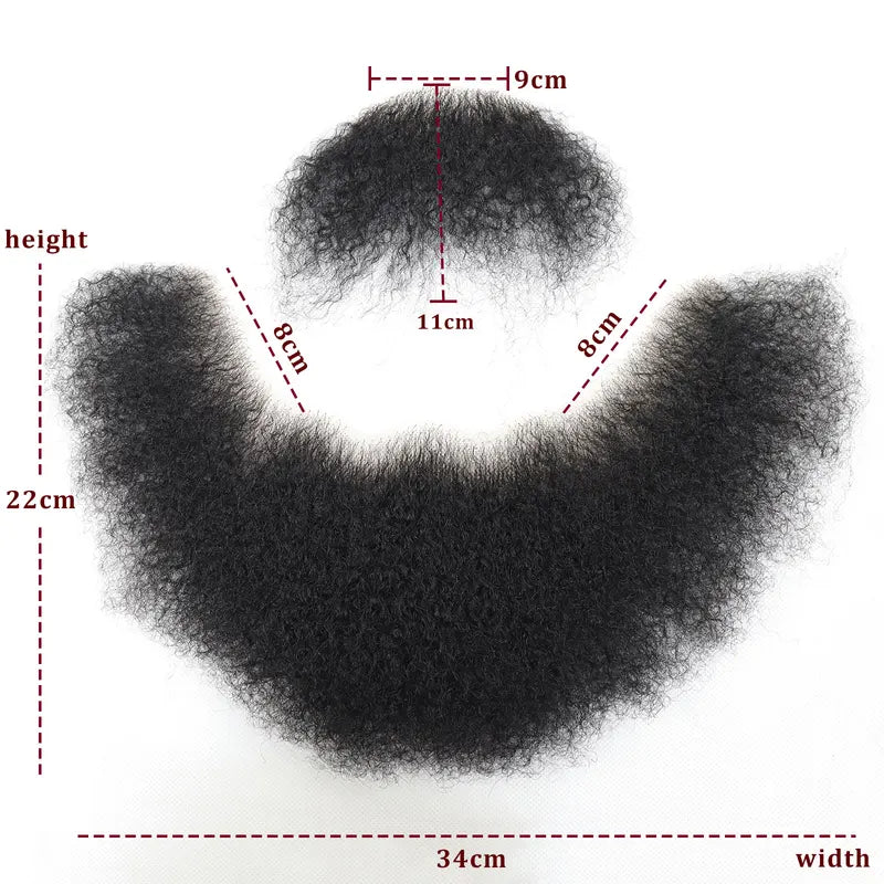 Black Afro Kinky Curly Fake Beard & Mustache for Men - Breathable Lace, Thick Facial Makeup