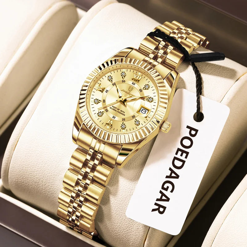 Women's Waterproof Luminous Date Stainless Steel Quartz Wristwatch - Elegant Ladies Watch