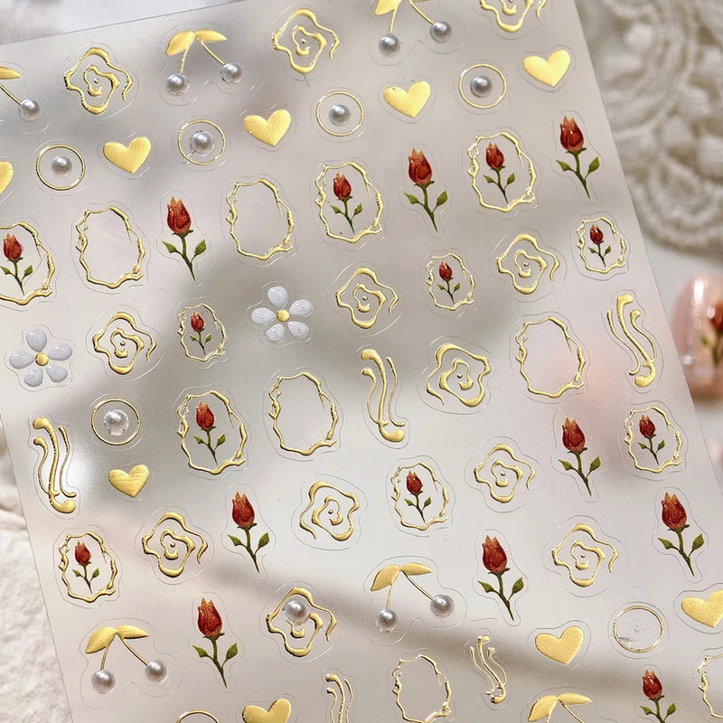 Botanical Flower 5D Nail Art Sticker Decal - Floral Gold & Sheer Designs for Manicure